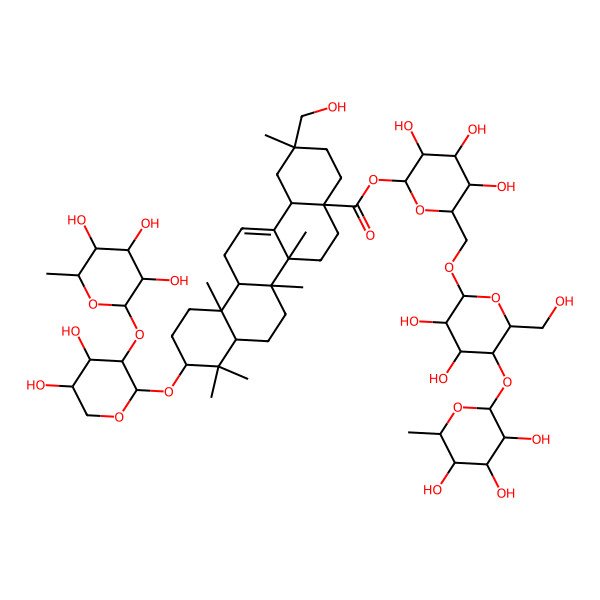 2D Structure of [6-[[3,4-Dihydroxy-6-(hydroxymethyl)-5-(3,4,5-trihydroxy-6-methyloxan-2-yl)oxyoxan-2-yl]oxymethyl]-3,4,5-trihydroxyoxan-2-yl] 10-[4,5-dihydroxy-3-(3,4,5-trihydroxy-6-methyloxan-2-yl)oxyoxan-2-yl]oxy-2-(hydroxymethyl)-2,6a,6b,9,9,12a-hexamethyl-1,3,4,5,6,6a,7,8,8a,10,11,12,13,14b-tetradecahydropicene-4a-carboxylate