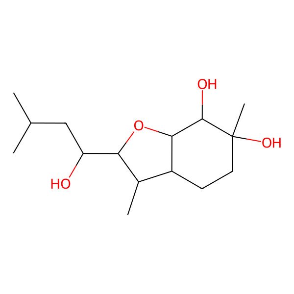 2D Structure of (2S,3R,3aR,6S,7R,7aS)-2-[(1R)-1-hydroxy-3-methylbutyl]-3,6-dimethyl-3,3a,4,5,7,7a-hexahydro-2H-1-benzouran-6,7-diol