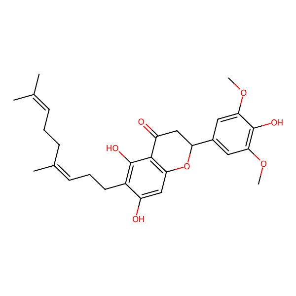 2D Structure of (2S)-6-[(3E)-4,8-dimethylnona-3,7-dienyl]-5,7-dihydroxy-2-(4-hydroxy-3,5-dimethoxyphenyl)-2,3-dihydrochromen-4-one