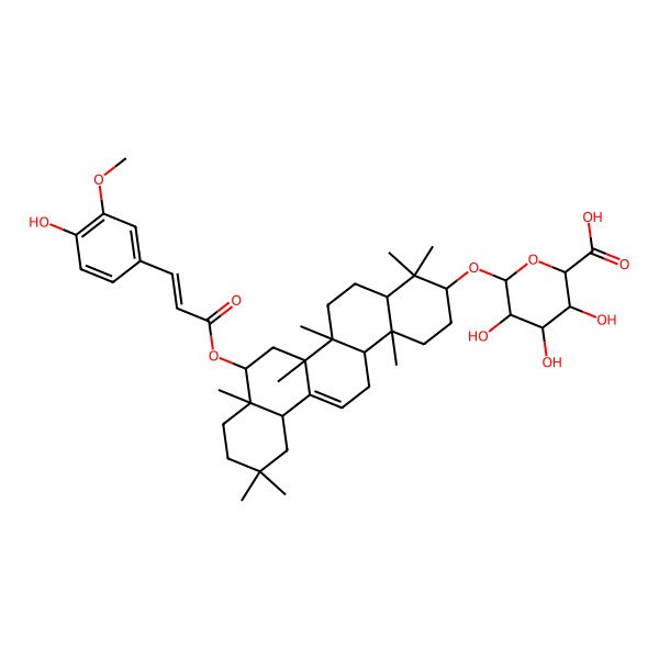 2D Structure of (2S,3S,4S,5R,6R)-6-[[(3S,4aR,6aR,6bS,8R,8aS,12aS,14aR,14bR)-8-[(E)-3-(4-hydroxy-3-methoxyphenyl)prop-2-enoyl]oxy-4,4,6a,6b,8a,11,11,14b-octamethyl-1,2,3,4a,5,6,7,8,9,10,12,12a,14,14a-tetradecahydropicen-3-yl]oxy]-3,4,5-trihydroxyoxane-2-carboxylic acid