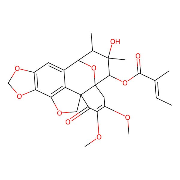 2D Structure of (14-Hydroxy-18,19-dimethoxy-13,14-dimethyl-20-oxo-3,6,8,22-tetraoxahexacyclo[9.9.1.112,16.01,16.04,21.05,9]docosa-4(21),5(9),10,18-tetraen-15-yl) 2-methylbut-2-enoate