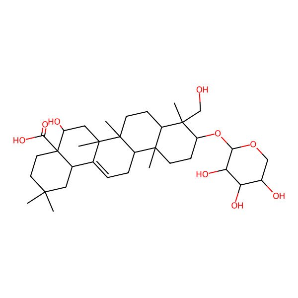 2D Structure of 5-Hydroxy-9-(hydroxymethyl)-2,2,6a,6b,9,12a-hexamethyl-10-(3,4,5-trihydroxyoxan-2-yl)oxy-1,3,4,5,6,6a,7,8,8a,10,11,12,13,14b-tetradecahydropicene-4a-carboxylic acid