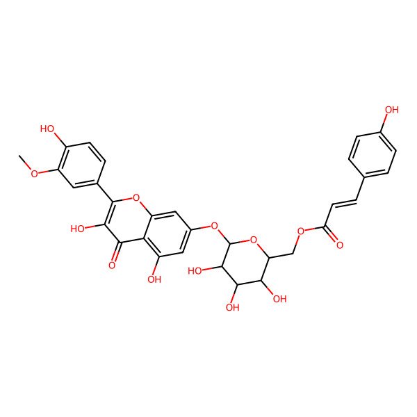 2D Structure of [(2R,3S,4S,5R,6S)-6-[3,5-dihydroxy-2-(4-hydroxy-3-methoxyphenyl)-4-oxochromen-7-yl]oxy-3,4,5-trihydroxyoxan-2-yl]methyl (E)-3-(4-hydroxyphenyl)prop-2-enoate