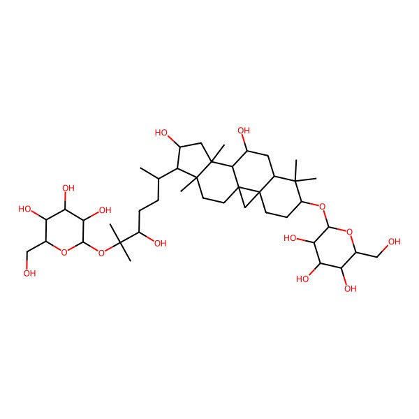 2D Structure of (2R,3R,4S,5S,6R)-2-[[(1S,3R,6S,8R,10S,11S,12S,14S,15R,16R)-10,14-dihydroxy-15-[(2R,5R)-5-hydroxy-6-methyl-6-[(2S,3R,4S,5S,6R)-3,4,5-trihydroxy-6-(hydroxymethyl)oxan-2-yl]oxyheptan-2-yl]-7,7,12,16-tetramethyl-6-pentacyclo[9.7.0.01,3.03,8.012,16]octadecanyl]oxy]-6-(hydroxymethyl)oxane-3,4,5-triol
