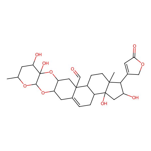 2D Structure of 9,10,20,22-tetrahydroxy-7,18-dimethyl-19-(5-oxo-2H-furan-3-yl)-4,6,11-trioxahexacyclo[12.11.0.03,12.05,10.015,23.018,22]pentacos-1(25)-ene-14-carbaldehyde