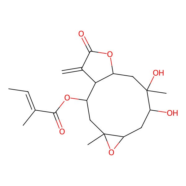 2D Structure of (8,9-Dihydroxy-4,9-dimethyl-14-methylidene-13-oxo-5,12-dioxatricyclo[9.3.0.04,6]tetradecan-2-yl) 2-methylbut-2-enoate