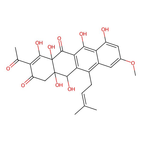 2D Structure of 3-Acetyl-4,4a,6,7,12,12a-hexahydroxy-9-methoxy-11-(3-methylbut-2-enyl)-1,12-dihydrotetracene-2,5-dione