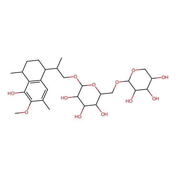 2D Structure of (2R,3R,4S,5S,6R)-2-[(2S)-2-[(1S,4R)-5-hydroxy-6-methoxy-4,7-dimethyl-1,2,3,4-tetrahydronaphthalen-1-yl]propoxy]-6-[[(2S,3R,4S,5R)-3,4,5-trihydroxyoxan-2-yl]oxymethyl]oxane-3,4,5-triol