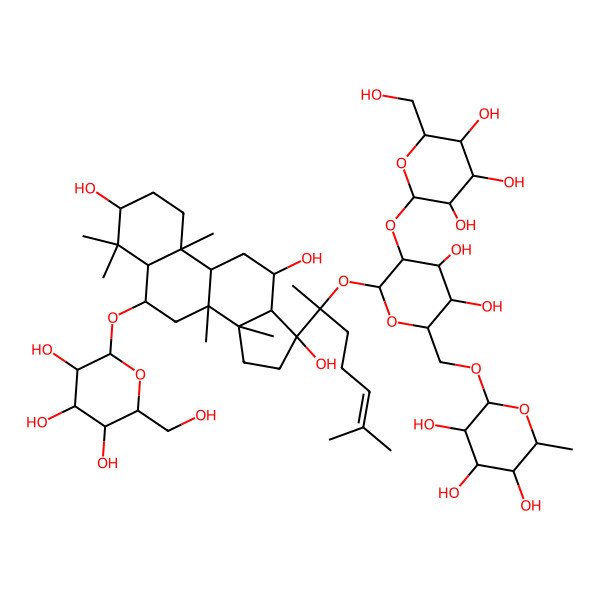 2D Structure of (3b,6a,12b,17a,20S)-Dammar-24-ene-3,6,12,17,20-pentol 20-[glucosyl-(1->2)-[rhamnosyl-(1->6)]-glucoside] 6-glucoside