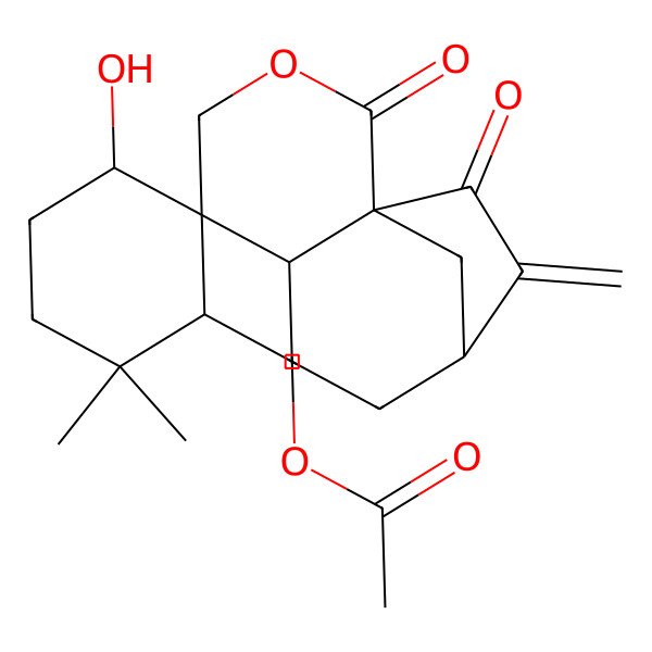 2D Structure of (3'-Hydroxy-6',6'-dimethyl-10-methylidene-2,11-dioxospiro[3-oxatricyclo[7.2.1.01,6]dodecane-5,2'-cyclohexane]-1'-yl)methyl acetate