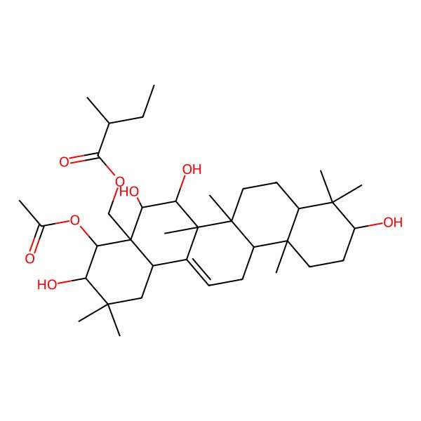 2D Structure of [(3R,4R,4aR,5S,6R,6aR,6aS,6bR,8aR,10S,12aR,14bS)-4-acetyloxy-3,5,6,10-tetrahydroxy-2,2,6a,6b,9,9,12a-heptamethyl-1,3,4,5,6,6a,7,8,8a,10,11,12,13,14b-tetradecahydropicen-4a-yl]methyl (2R)-2-methylbutanoate