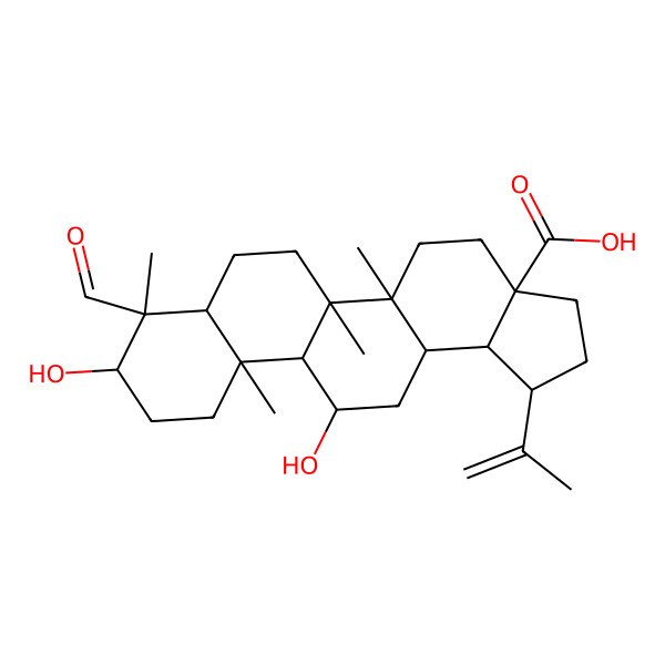 2D Structure of 8-Formyl-9,12-dihydroxy-5a,5b,8,11a-tetramethyl-1-prop-1-en-2-yl-1,2,3,4,5,6,7,7a,9,10,11,11b,12,13,13a,13b-hexadecahydrocyclopenta[a]chrysene-3a-carboxylic acid