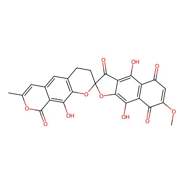 2D Structure of (2R)-4',9',10-trihydroxy-7'-methoxy-7-methylspiro[3,4-dihydropyrano[4,3-g]chromene-2,2'-benzo[f][1]benzofuran]-3',5',8',9-tetrone