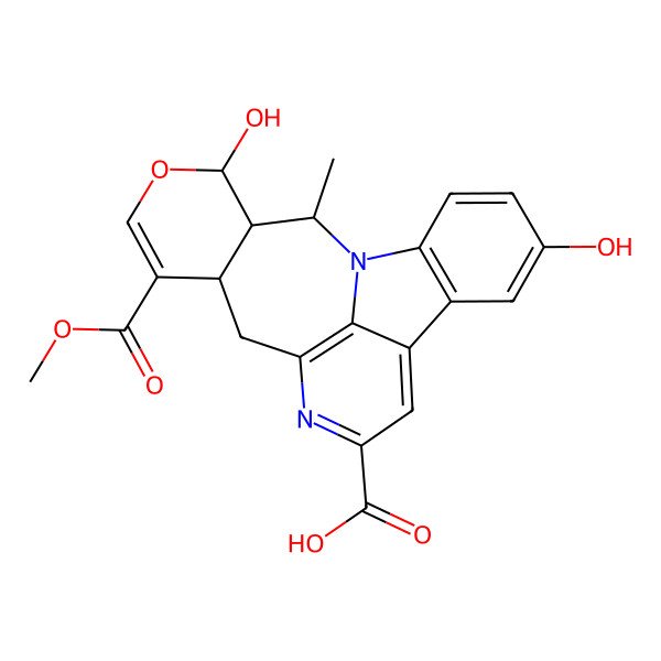 2D Structure of 5,18-Dihydroxy-15-methoxycarbonyl-20-methyl-17-oxa-1,11-diazapentacyclo[10.8.1.02,7.08,21.014,19]henicosa-2(7),3,5,8,10,12(21),15-heptaene-10-carboxylic acid