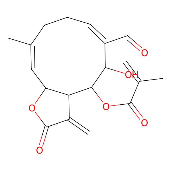 2D Structure of (6-Formyl-5-hydroxy-10-methyl-3-methylidene-2-oxo-3a,4,5,8,9,11a-hexahydrocyclodeca[b]furan-4-yl) 2-methylprop-2-enoate