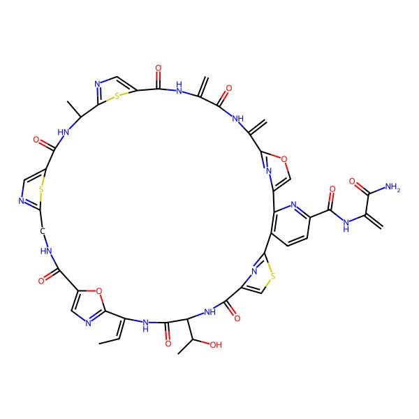 2D Structure of N-(3-amino-3-oxoprop-1-en-2-yl)-17-ethylidene-14-(1-hydroxyethyl)-31-methyl-38,41-dimethylidene-12,15,22,29,36,39-hexaoxo-43,48-dioxa-9,46,47-trithia-3,13,16,19,23,26,30,33,37,40,45,49-dodecazaheptacyclo[40.2.1.18,11.118,21.125,28.132,35.02,7]nonatetraconta-1(44),2(7),3,5,8(49),10,18,20,25,27,32,34,42(45)-tridecaene-4-carboxamide
