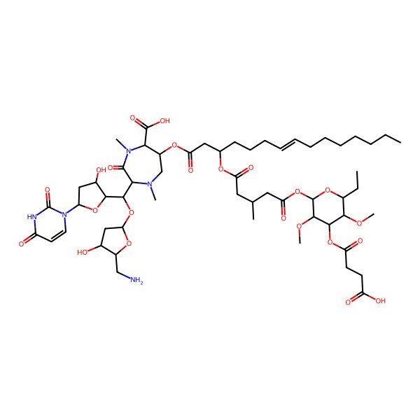 2D Structure of 2-[[5-(Aminomethyl)-4-hydroxyoxolan-2-yl]oxy-[5-(2,4-dioxopyrimidin-1-yl)-3-hydroxyoxolan-2-yl]methyl]-6-[3-[5-[4-(3-carboxypropanoyloxy)-6-ethyl-3,5-dimethoxyoxan-2-yl]oxy-3-methyl-5-oxopentanoyl]oxypentadec-7-enoyloxy]-1,4-dimethyl-3-oxo-1,4-diazepane-5-carboxylic acid