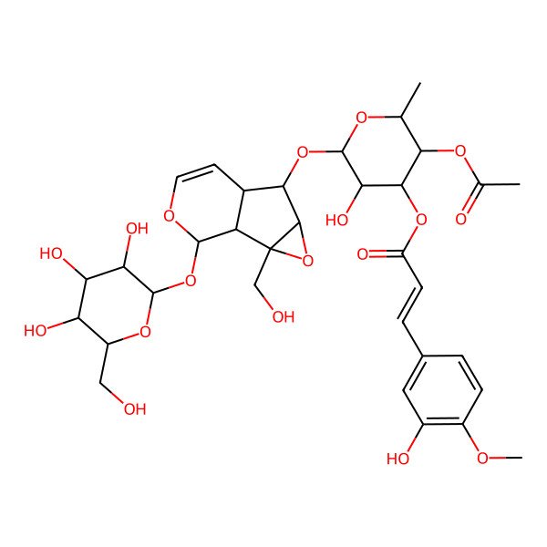 2D Structure of [5-Acetyloxy-3-hydroxy-2-[[2-(hydroxymethyl)-10-[3,4,5-trihydroxy-6-(hydroxymethyl)oxan-2-yl]oxy-3,9-dioxatricyclo[4.4.0.02,4]dec-7-en-5-yl]oxy]-6-methyloxan-4-yl] 3-(3-hydroxy-4-methoxyphenyl)prop-2-enoate