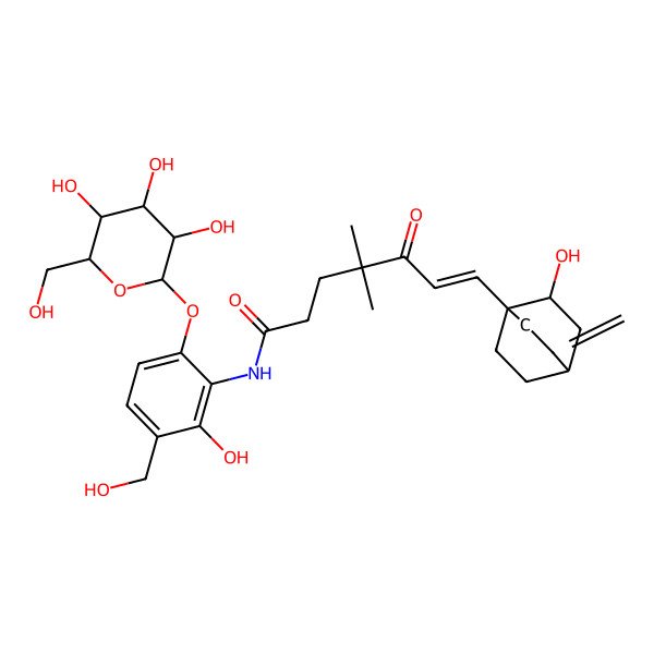 2D Structure of (Z)-N-[2-hydroxy-3-(hydroxymethyl)-6-[3,4,5-trihydroxy-6-(hydroxymethyl)oxan-2-yl]oxyphenyl]-7-[(2R)-2-hydroxy-5-methylidene-1-bicyclo[2.2.2]octanyl]-4,4-dimethyl-5-oxohept-6-enamide
