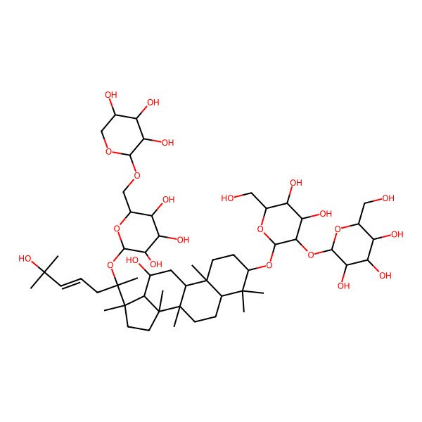 2D Structure of (2S,3R,4S,5S,6R)-2-[(2R,3R,4S,5S,6R)-4,5-dihydroxy-2-[[(3S,5R,8R,9R,10R,12R,13S,14R,17S)-12-hydroxy-17-[(E,2S)-6-hydroxy-6-methyl-2-[(2S,3R,4S,5S,6R)-3,4,5-trihydroxy-6-[[(2S,3R,4S,5R)-3,4,5-trihydroxyoxan-2-yl]oxymethyl]oxan-2-yl]oxyhept-4-en-2-yl]-4,4,8,10,14,17-hexamethyl-1,2,3,5,6,7,9,11,12,13,15,16-dodecahydrocyclopenta[a]phenanthren-3-yl]oxy]-6-(hydroxymethyl)oxan-3-yl]oxy-6-(hydroxymethyl)oxane-3,4,5-triol