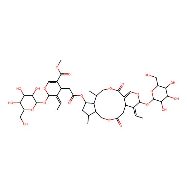 2D Structure of methyl (4S,5E,6S)-5-ethylidene-4-[2-[[(5R,6R,7S,9S,10R,15S,16E,17S)-16-ethylidene-5,9-dimethyl-2,13-dioxo-17-[(2S,3R,4S,5S,6R)-3,4,5-trihydroxy-6-(hydroxymethyl)oxan-2-yl]oxy-3,12,18-trioxatricyclo[13.4.0.06,10]nonadec-1(19)-en-7-yl]oxy]-2-oxoethyl]-6-[(2S,3R,4S,5S,6R)-3,4,5-trihydroxy-6-(hydroxymethyl)oxan-2-yl]oxy-4H-pyran-3-carboxylate
