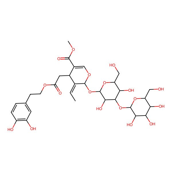 2D Structure of methyl 6-[3,5-dihydroxy-6-(hydroxymethyl)-4-[3,4,5-trihydroxy-6-(hydroxymethyl)oxan-2-yl]oxyoxan-2-yl]oxy-4-[2-[2-(3,4-dihydroxyphenyl)ethoxy]-2-oxoethyl]-5-ethylidene-4H-pyran-3-carboxylate