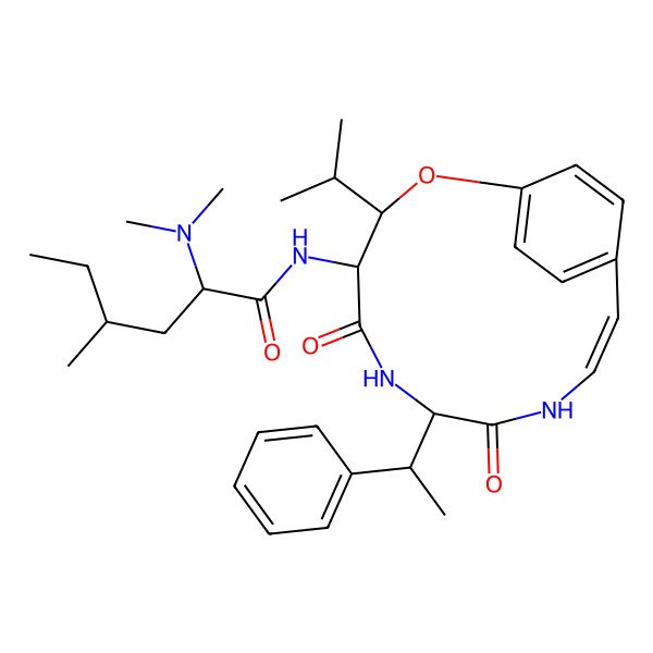 2D Structure of 2-(dimethylamino)-N-[5,8-dioxo-7-(1-phenylethyl)-3-propan-2-yl-2-oxa-6,9-diazabicyclo[10.2.2]hexadeca-1(14),10,12,15-tetraen-4-yl]-4-methylhexanamide