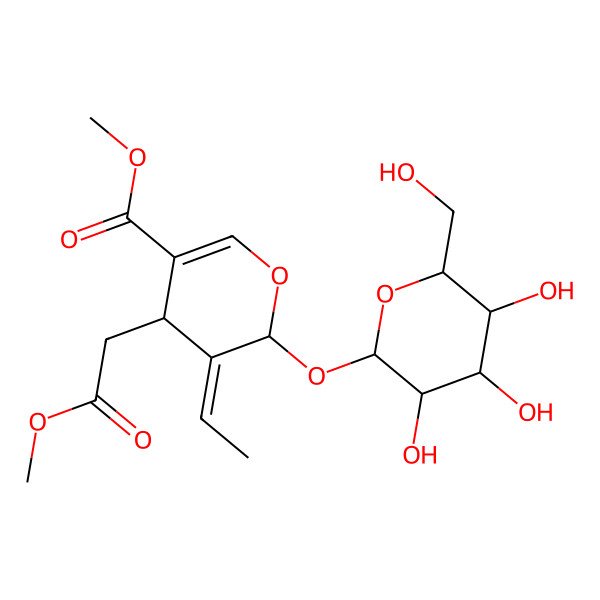 2D Structure of methyl (4S,5Z,6S)-5-ethylidene-4-(2-methoxy-2-oxo-ethyl)-6-[(3R,4S,5S,6R)-3,4,5-trihydroxy-6-(hydroxymethyl)tetrahydropyran-2-yl]oxy-4H-pyran-3-carboxylate