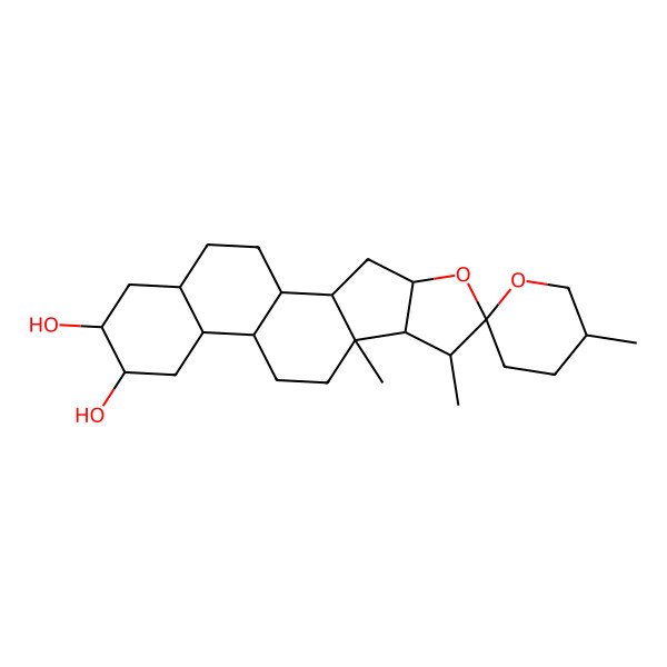 2D Structure of (5'S,7S,9S,15R,16R)-5',7,9-trimethylspiro[5-oxapentacyclo[10.8.0.02,9.04,8.013,18]icosane-6,2'-oxane]-15,16-diol