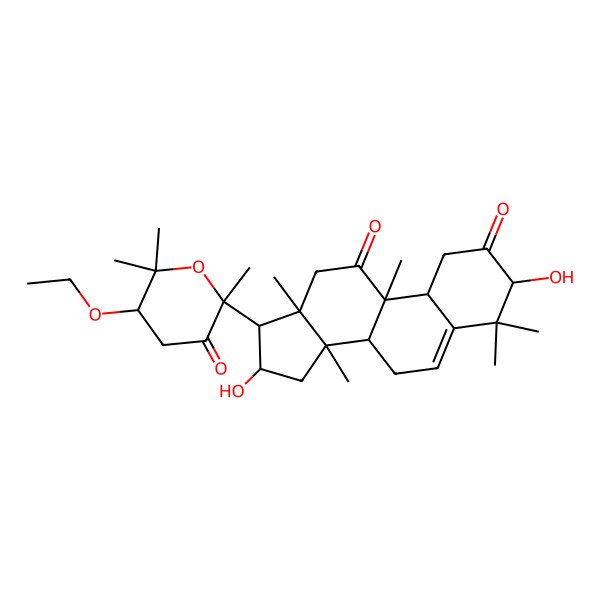 2D Structure of (3S,8S,9R,10R,13R,14S,16R,17R)-17-[(2S,5R)-5-ethoxy-2,6,6-trimethyl-3-oxooxan-2-yl]-3,16-dihydroxy-4,4,9,13,14-pentamethyl-3,7,8,10,12,15,16,17-octahydro-1H-cyclopenta[a]phenanthrene-2,11-dione