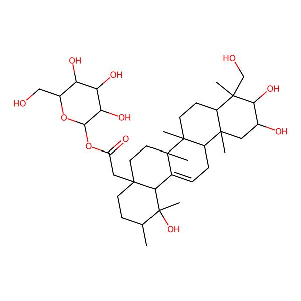 2D Structure of [3,4,5-Trihydroxy-6-(hydroxymethyl)oxan-2-yl] 2-[1,10,11-trihydroxy-9-(hydroxymethyl)-1,2,6a,6b,9,12a-hexamethyl-2,3,4,5,6,6a,7,8,8a,10,11,12,13,14b-tetradecahydropicen-4a-yl]acetate
