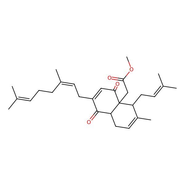 2D Structure of methyl 2-[7-(3,7-dimethylocta-2,6-dienyl)-3-methyl-4-(3-methylbut-2-enyl)-5,8-dioxo-4,8a-dihydro-1H-naphthalen-4a-yl]acetate