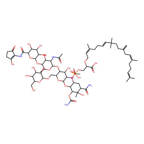 2D Structure of (2S)-3-[[2-[3-acetamido-5-[3-acetamido-4-hydroxy-6-methyl-5-[3,4,5-trihydroxy-6-[(2-hydroxy-5-oxocyclopenten-1-yl)carbamoyl]oxan-2-yl]oxyoxan-2-yl]oxy-4-hydroxy-6-[[3,4,5-trihydroxy-6-(hydroxymethyl)oxan-2-yl]oxymethyl]oxan-2-yl]oxy-5-carbamoyl-3-carbamoyloxy-4-hydroxy-4-methylcyclohexyl]oxy-hydroxyphosphoryl]oxy-2-[(2E,6E,13E)-3,8,8,14,18-pentamethyl-11-methylidenenonadeca-2,6,13,17-tetraenoxy]propanoic acid