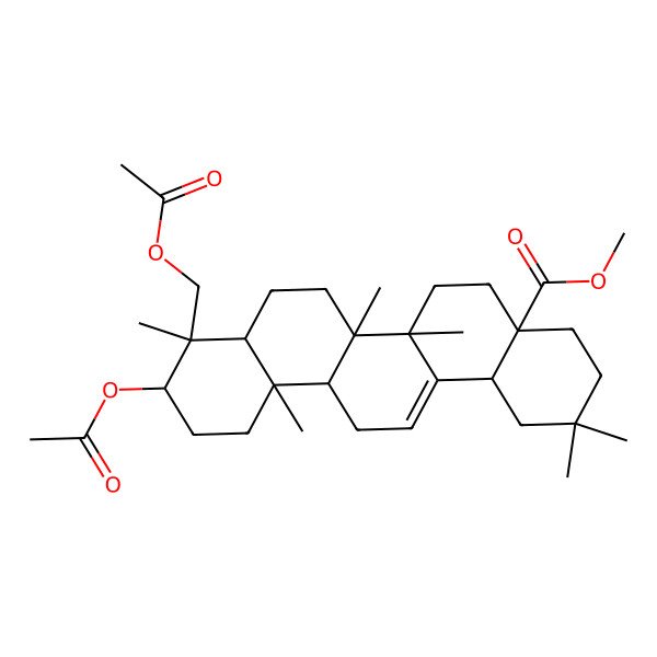 2D Structure of methyl (4aS,6aR,6aS,6bR,8aR,9R,10S,12aR,14bS)-10-acetyloxy-9-(acetyloxymethyl)-2,2,6a,6b,9,12a-hexamethyl-1,3,4,5,6,6a,7,8,8a,10,11,12,13,14b-tetradecahydropicene-4a-carboxylate