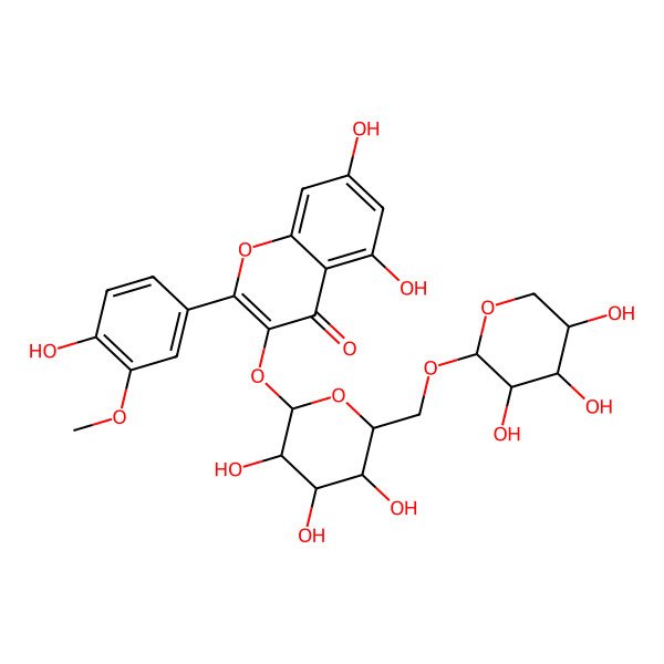 2D Structure of 5,7-dihydroxy-2-(4-hydroxy-3-methoxyphenyl)-3-[(2S,3R,4R,5S,6R)-3,4,5-trihydroxy-6-[[(2S,3S,4S,5S)-3,4,5-trihydroxyoxan-2-yl]oxymethyl]oxan-2-yl]oxychromen-4-one