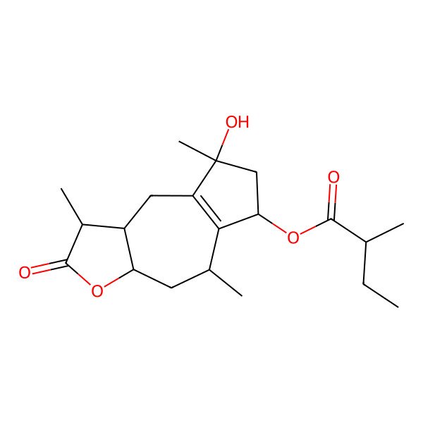 2D Structure of (8-Hydroxy-1,5,8-trimethyl-2-oxo-1,3a,4,5,6,7,9,9a-octahydroazuleno[6,5-b]furan-6-yl) 2-methylbutanoate