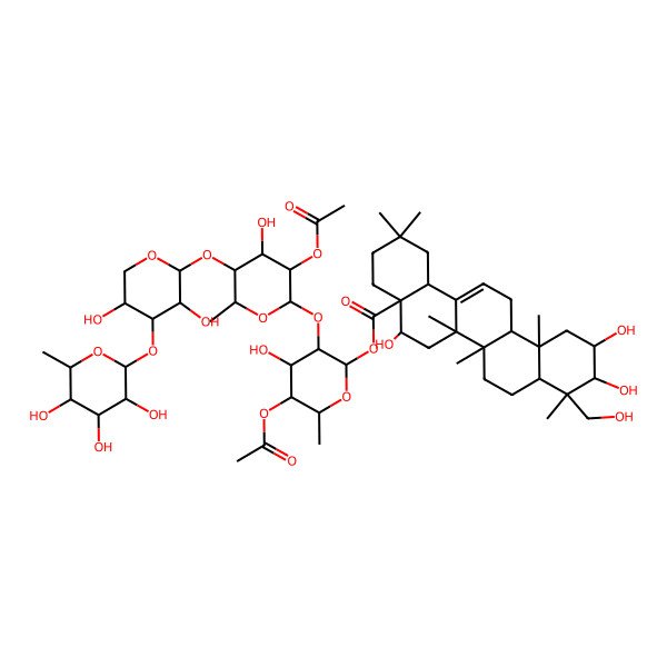2D Structure of [(2S,3R,4S,5R,6R)-5-acetyloxy-3-[(2S,3R,4R,5R,6S)-3-acetyloxy-5-[(2S,3R,4S,5R)-3,5-dihydroxy-4-[(2S,3R,4R,5R,6S)-3,4,5-trihydroxy-6-methyloxan-2-yl]oxyoxan-2-yl]oxy-4-hydroxy-6-methyloxan-2-yl]oxy-4-hydroxy-6-methyloxan-2-yl] (4aR,5R,6aR,6aS,6bR,8aR,9R,10R,11S,12aR,14bS)-5,10,11-trihydroxy-9-(hydroxymethyl)-2,2,6a,6b,9,12a-hexamethyl-1,3,4,5,6,6a,7,8,8a,10,11,12,13,14b-tetradecahydropicene-4a-carboxylate
