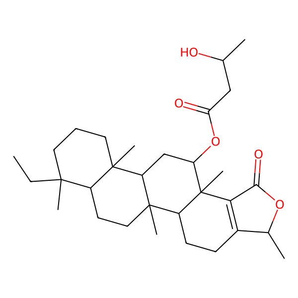 2D Structure of [(3R,5aS,5bR,7aS,8S,11aS,11bR,13S,13aS)-8-ethyl-3,5b,8,11a,13a-pentamethyl-1-oxo-4,5,5a,6,7,7a,9,10,11,11b,12,13-dodecahydro-3H-phenanthro[2,1-e][2]benzofuran-13-yl] (3S)-3-hydroxybutanoate