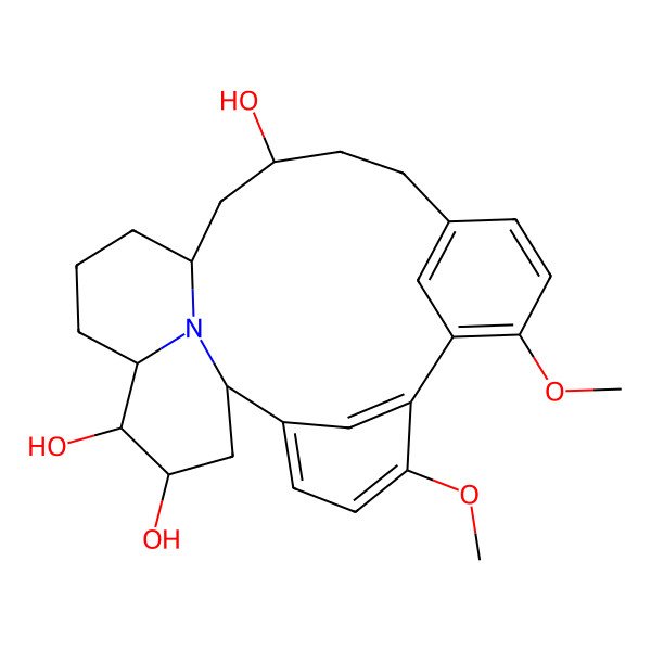 2D Structure of (1S,14R,16R,20R,21S,22S)-5,8-dimethoxy-24-azapentacyclo[14.7.1.12,6.17,11.020,24]hexacosa-2(26),3,5,7,9,11(25)-hexaene-14,21,22-triol