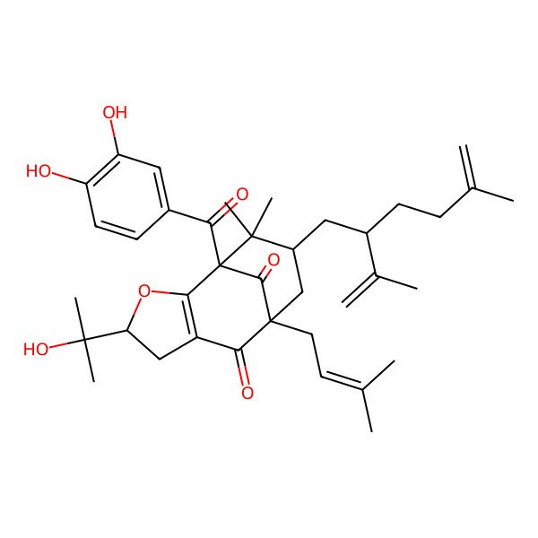 2D Structure of 1-(3,4-Dihydroxybenzoyl)-4-(2-hydroxypropan-2-yl)-11,11-dimethyl-8-(3-methylbut-2-enyl)-10-(5-methyl-2-prop-1-en-2-ylhex-5-enyl)-3-oxatricyclo[6.3.1.02,6]dodec-2(6)-ene-7,12-dione