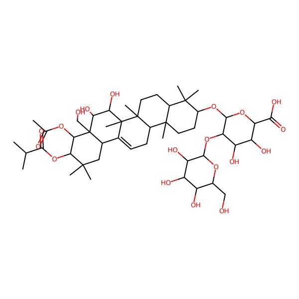 2D Structure of 6-[[9-Acetyloxy-7,8-dihydroxy-8a-(hydroxymethyl)-4,4,6a,6b,11,11,14b-heptamethyl-10-(2-methylpropanoyloxy)-1,2,3,4a,5,6,7,8,9,10,12,12a,14,14a-tetradecahydropicen-3-yl]oxy]-3,4-dihydroxy-5-[3,4,5-trihydroxy-6-(hydroxymethyl)oxan-2-yl]oxyoxane-2-carboxylic acid