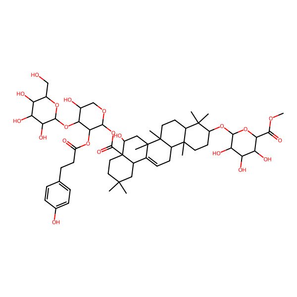 2D Structure of methyl (2S,3S,4S,5R,6R)-6-[[(3S,4aR,6aR,6bS,8R,8aR,12aS,14aR,14bR)-8-hydroxy-8a-[(2S,3R,4S,5R)-5-hydroxy-3-[3-(4-hydroxyphenyl)propanoyloxy]-4-[(2S,3R,4S,5S,6R)-3,4,5-trihydroxy-6-(hydroxymethyl)oxan-2-yl]oxyoxan-2-yl]oxycarbonyl-4,4,6a,6b,11,11,14b-heptamethyl-1,2,3,4a,5,6,7,8,9,10,12,12a,14,14a-tetradecahydropicen-3-yl]oxy]-3,4,5-trihydroxyoxane-2-carboxylate