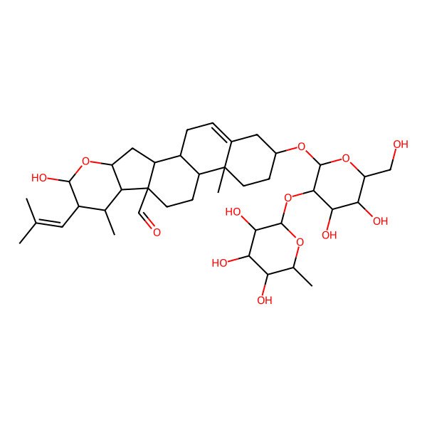 2D Structure of (1S,2R,4S,6S,7R,8R,9S,10S,13R,14R,17R)-17-[(2R,3R,4R,5S,6R)-4,5-dihydroxy-6-(hydroxymethyl)-3-[(2R,3R,4S,5R,6S)-3,4,5-trihydroxy-6-methyloxan-2-yl]oxyoxan-2-yl]oxy-6-hydroxy-8,14-dimethyl-7-(2-methylprop-1-enyl)-5-oxapentacyclo[11.8.0.02,10.04,9.014,19]henicos-19-ene-10-carbaldehyde