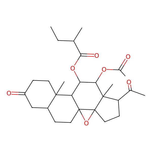 2D Structure of [(1S,3R,6S,7S,8S,9S,10S,11S,16S)-6-acetyl-8-acetyloxy-7,11-dimethyl-14-oxo-2-oxapentacyclo[8.8.0.01,3.03,7.011,16]octadecan-9-yl] 2-methylbutanoate