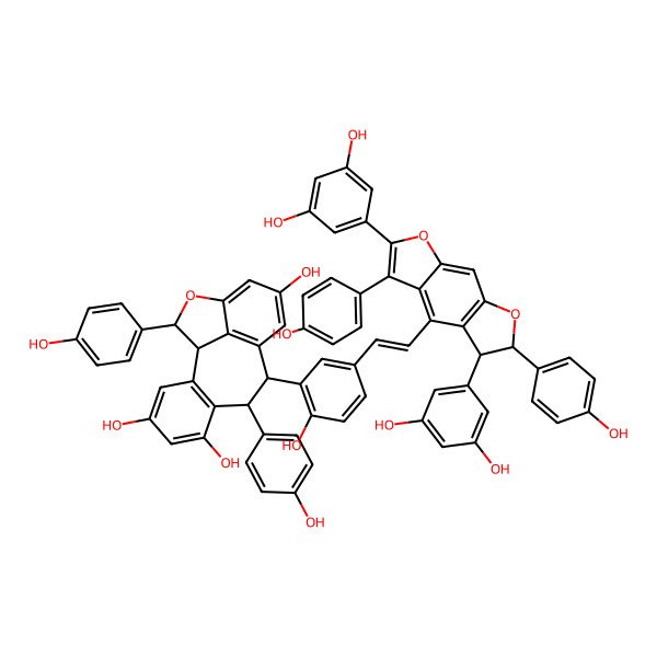 2D Structure of 9-[5-[2-[2,5-Bis(3,5-dihydroxyphenyl)-3,6-bis(4-hydroxyphenyl)-5,6-dihydrofuro[3,2-f][1]benzofuran-4-yl]ethenyl]-2-hydroxyphenyl]-8,16-bis(4-hydroxyphenyl)-15-oxatetracyclo[8.6.1.02,7.014,17]heptadeca-2(7),3,5,10(17),11,13-hexaene-4,6,12-triol