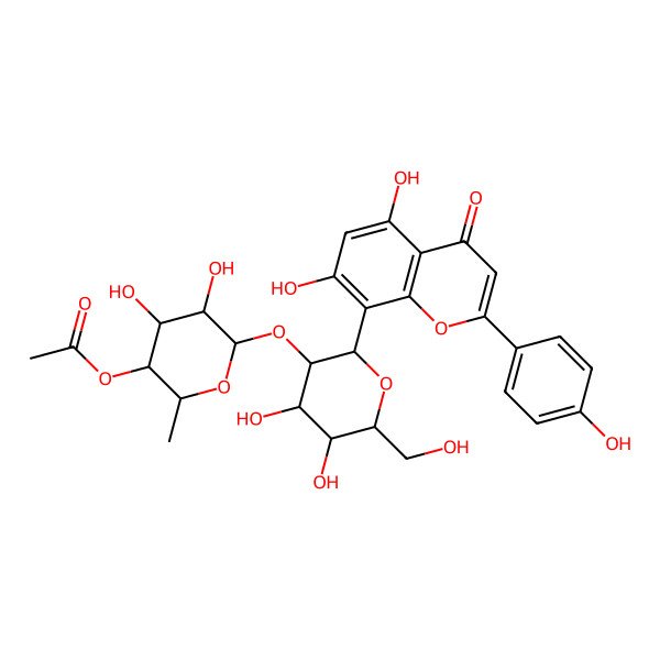 2D Structure of [(2S,3R,4R,5S,6S)-6-[(2S,3R,4S,5S,6S)-2-[5,7-dihydroxy-2-(4-hydroxyphenyl)-4-oxochromen-8-yl]-4,5-dihydroxy-6-(hydroxymethyl)oxan-3-yl]oxy-4,5-dihydroxy-2-methyloxan-3-yl] acetate