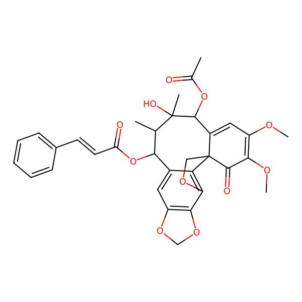 2D Structure of [(1R,12S,13R,14R,15R)-15-acetyloxy-14-hydroxy-18,19-dimethoxy-13,14-dimethyl-20-oxo-3,6,8-trioxapentacyclo[9.9.1.01,16.04,21.05,9]henicosa-4(21),5(9),10,16,18-pentaen-12-yl] (E)-3-phenylprop-2-enoate