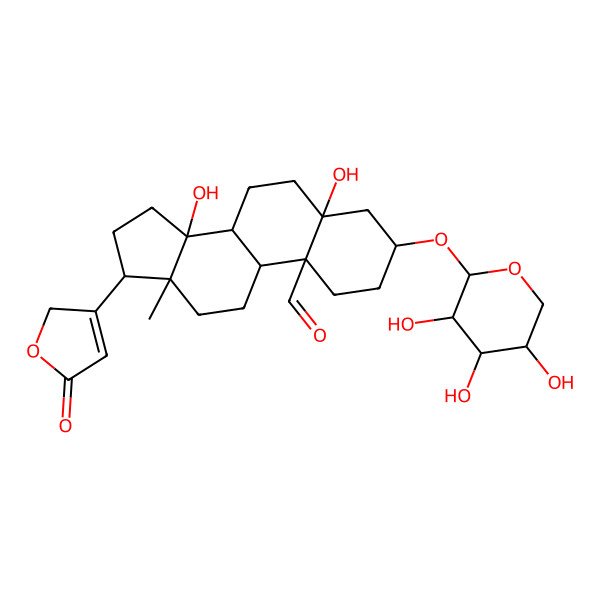 2D Structure of 5,14-dihydroxy-13-methyl-17-(5-oxo-2H-furan-3-yl)-3-(3,4,5-trihydroxyoxan-2-yl)oxy-2,3,4,6,7,8,9,11,12,15,16,17-dodecahydro-1H-cyclopenta[a]phenanthrene-10-carbaldehyde
