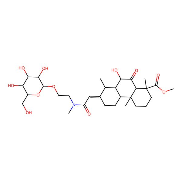 2D Structure of Methyl 9-hydroxy-1,4a,8-trimethyl-7-[2-[methyl-[2-[3,4,5-trihydroxy-6-(hydroxymethyl)oxan-2-yl]oxyethyl]amino]-2-oxoethylidene]-10-oxo-2,3,4,4b,5,6,8,8a,9,10a-decahydrophenanthrene-1-carboxylate