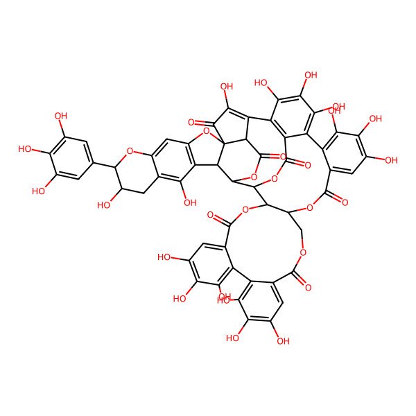 2D Structure of (1R,2R,20R,37S,43R,44S,49S,50R,56R)-7,8,9,12,13,14,25,26,27,30,31,32,35,44,47-pentadecahydroxy-43-(3,4,5-trihydroxyphenyl)-3,18,21,38,42,51,54-heptaoxadodecacyclo[27.21.3.334,50.02,20.05,10.011,16.023,28.033,53.037,49.039,48.041,46.037,56]hexapentaconta-5,7,9,11,13,15,23,25,27,29(53),30,32,34,39(48),40,46-hexadecaene-4,17,22,36,52,55-hexone